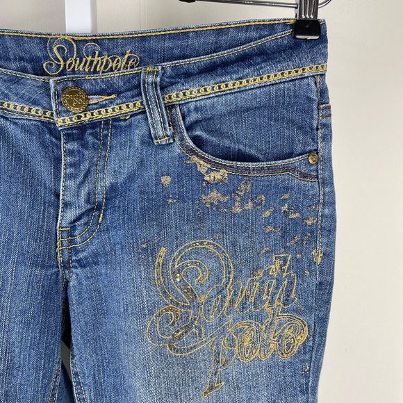 Vintage‎ Y2K Southpole Denim Jean Shorts Gold Logo Flap Pockets Juniors Size 5 - Picture 3 of 9